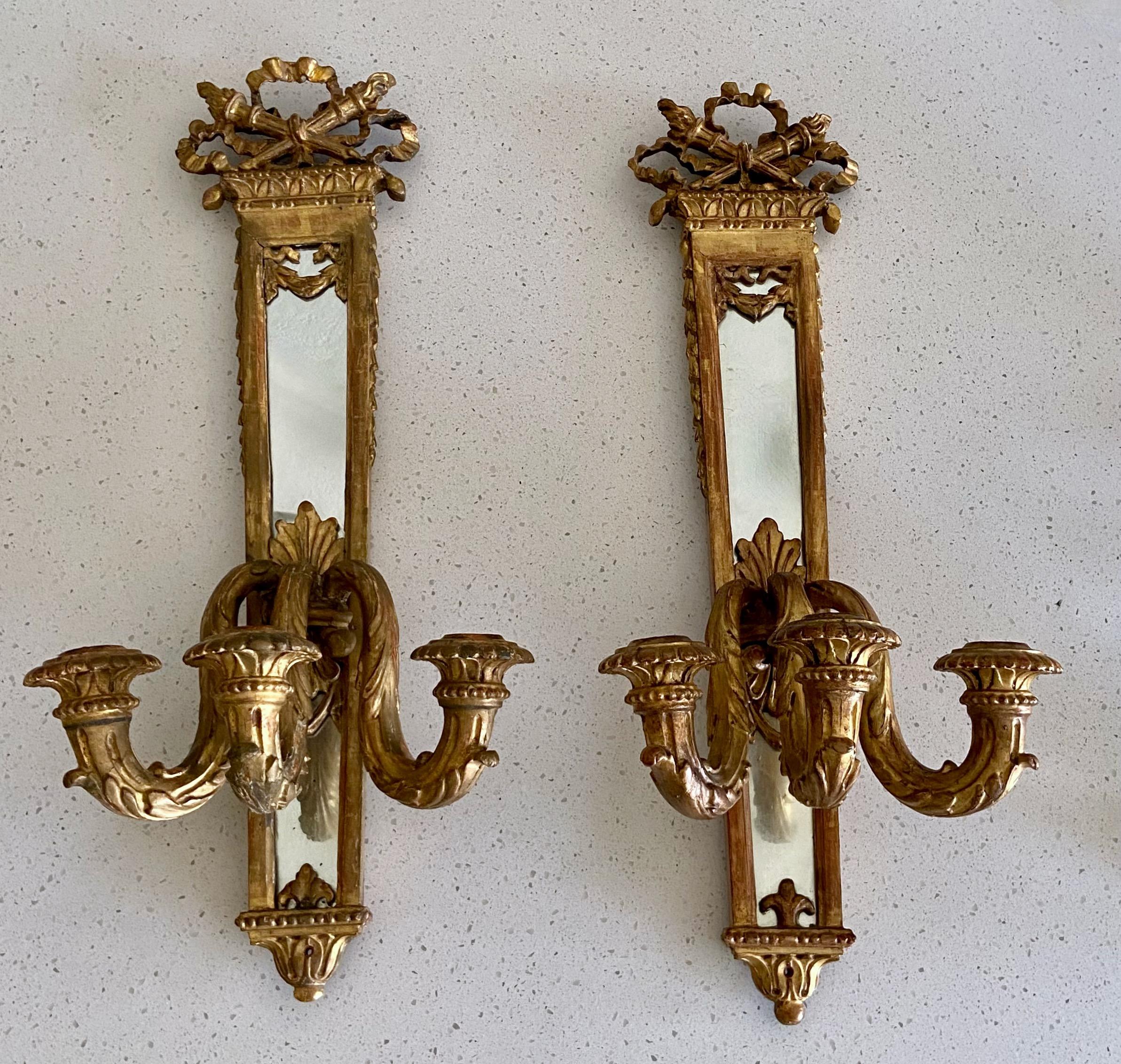 French Pair 19th Century Gilt Louis XVI Candle Mirrored Wall Sconces For Sale