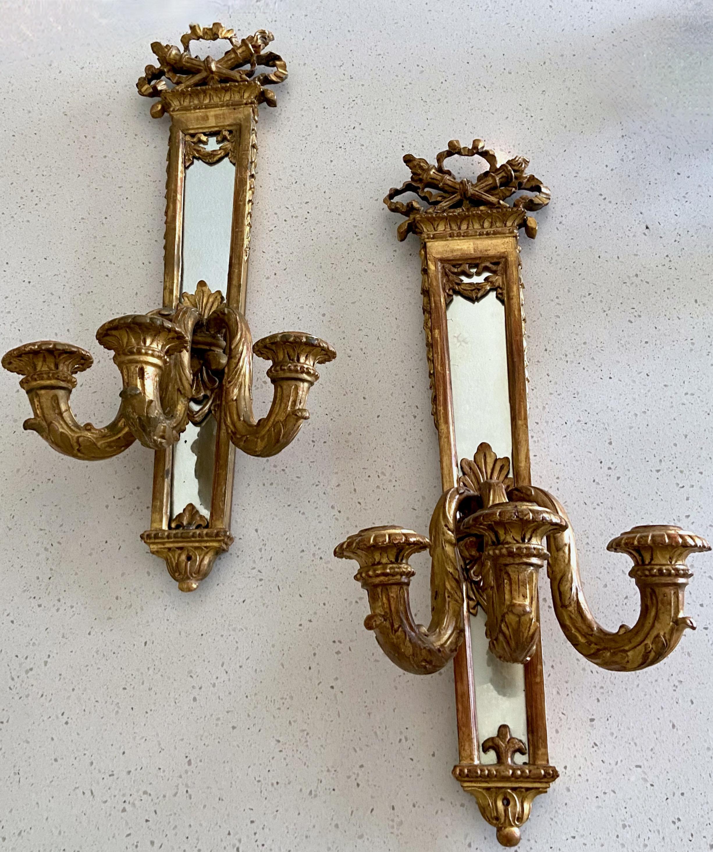 Pair 19th Century Gilt Louis XVI Candle Mirrored Wall Sconces In Good Condition For Sale In Palm Springs, CA