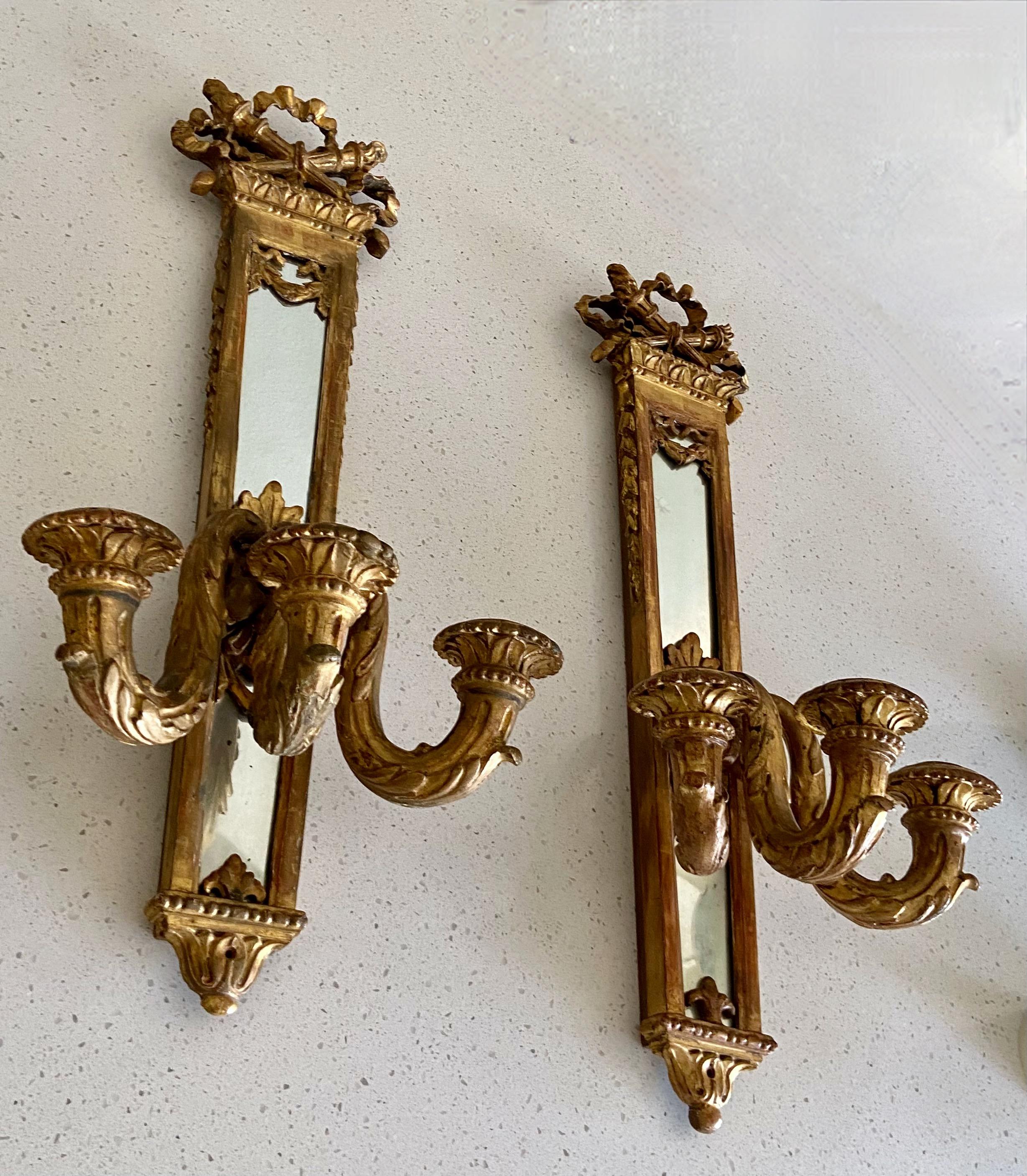 Mid-19th Century Pair 19th Century Gilt Louis XVI Candle Mirrored Wall Sconces For Sale