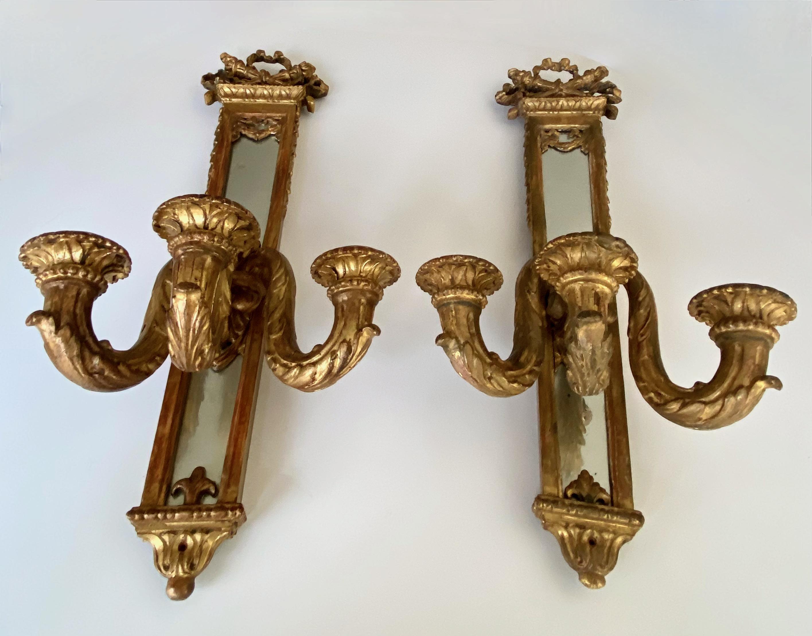 Pair 19th Century Gilt Louis XVI Candle Mirrored Wall Sconces For Sale 1