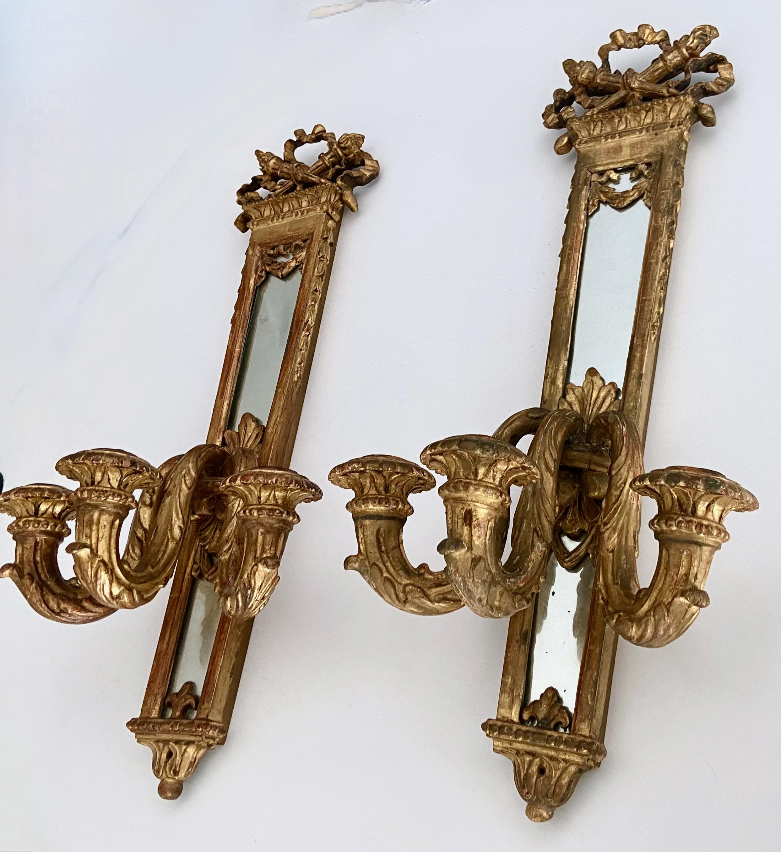 Pair 19th Century Gilt Louis XVI Candle Mirrored Wall Sconces For Sale 2