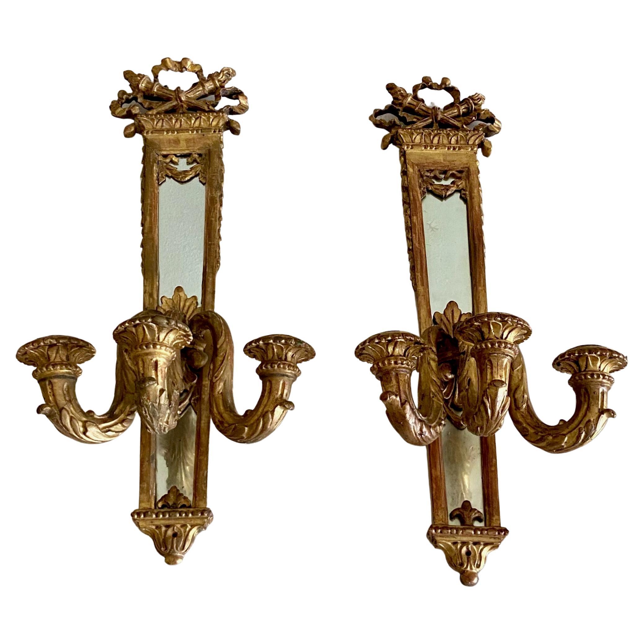Pair 19th Century Gilt Louis XVI Candle Mirrored Wall Sconces For Sale