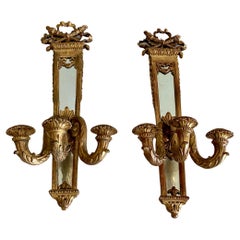Antique Pair 19th Century Gilt Louis XVI Candle Mirrored Wall Sconces