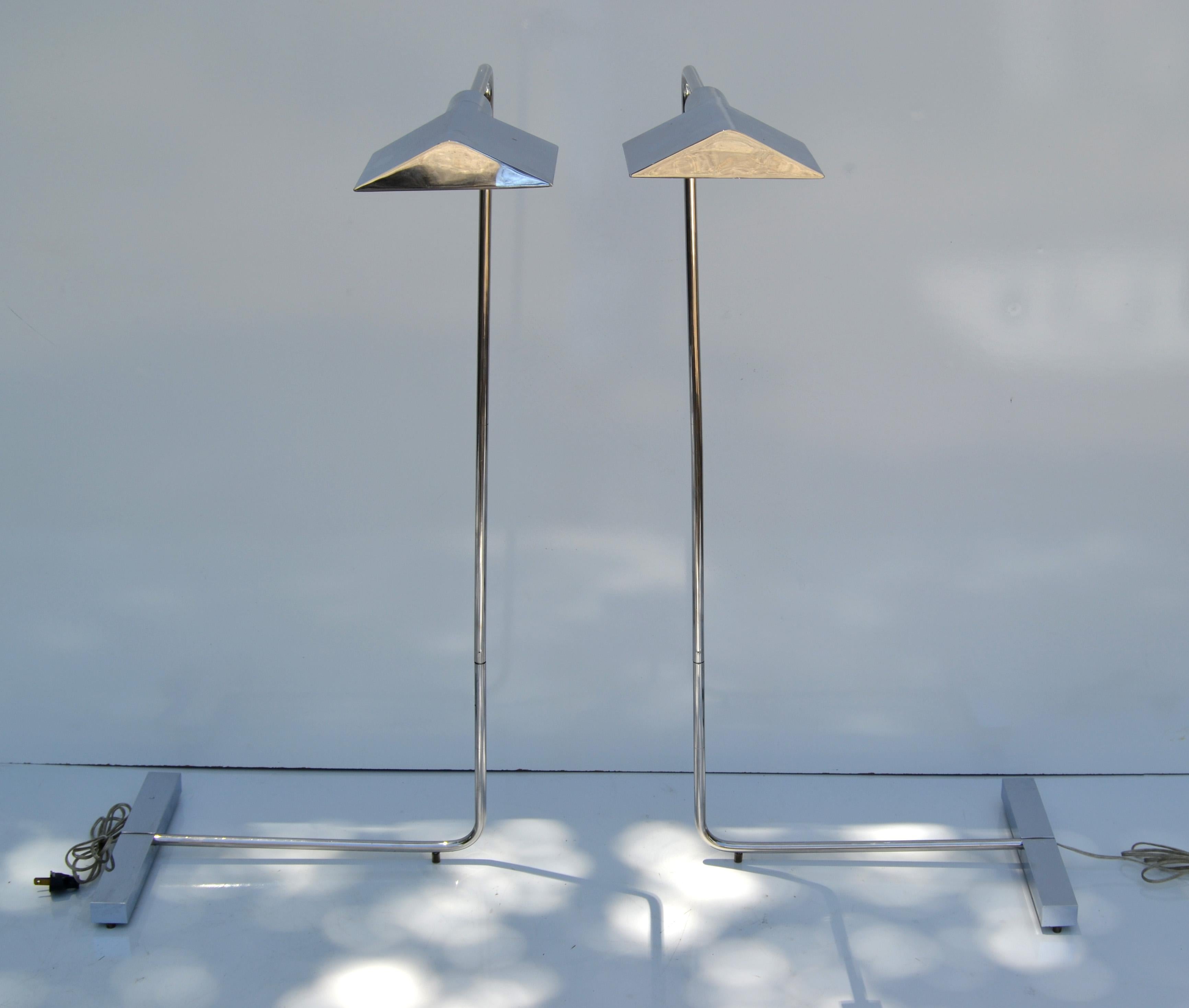 Mid-Century Modern Pair 1UWV Floor Lamps Chrome & Steel Cedric Hartman Style Adjustable Telescopic 