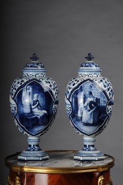 Pair (2) antique Delft lidded vases, 20th Century