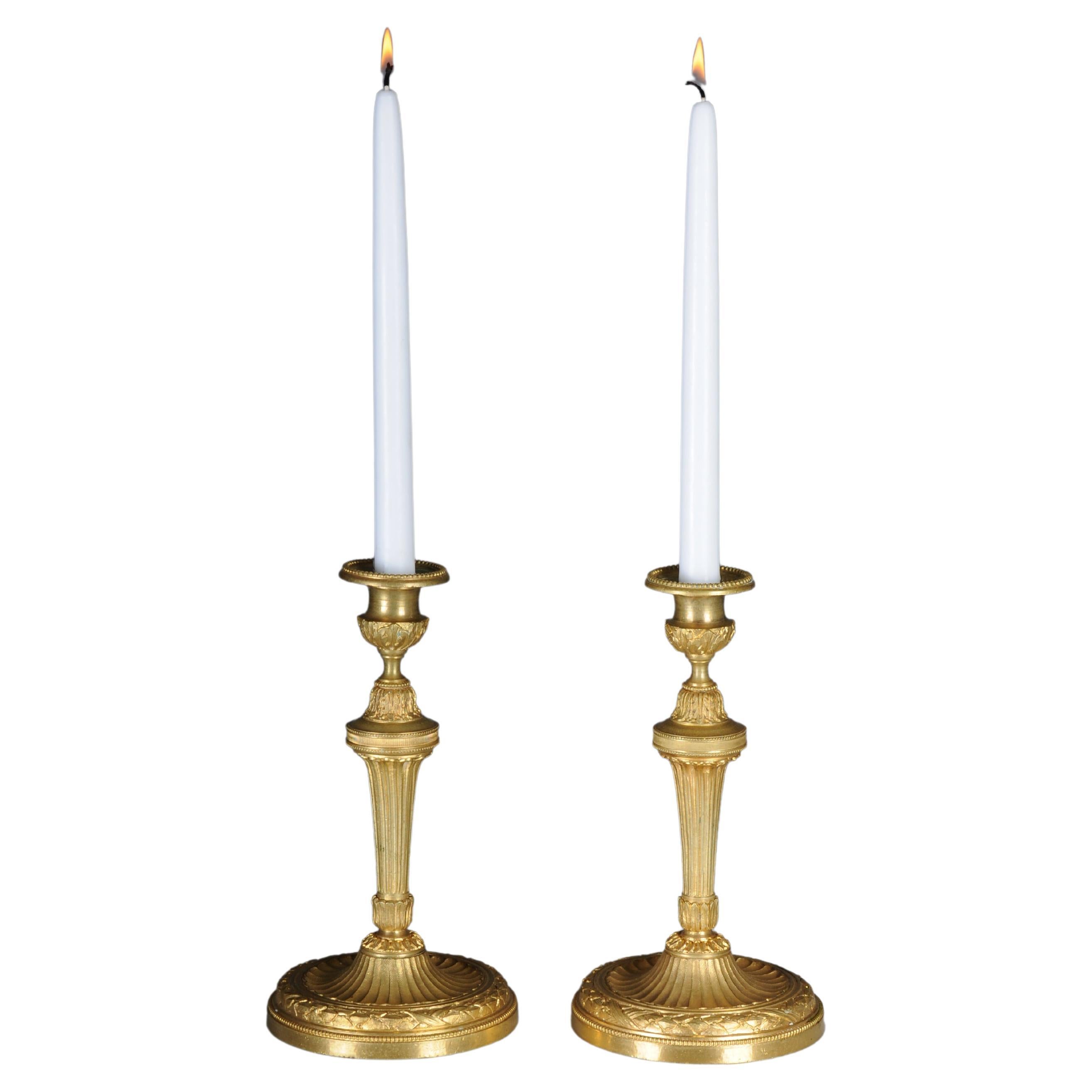 Pair (2) Antique Empire fire-gilt bronze candlesticks, Paris