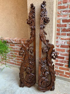 Pair 2 Antique French Carved Oak Wall Art Panel Corbel Architectural Salvage