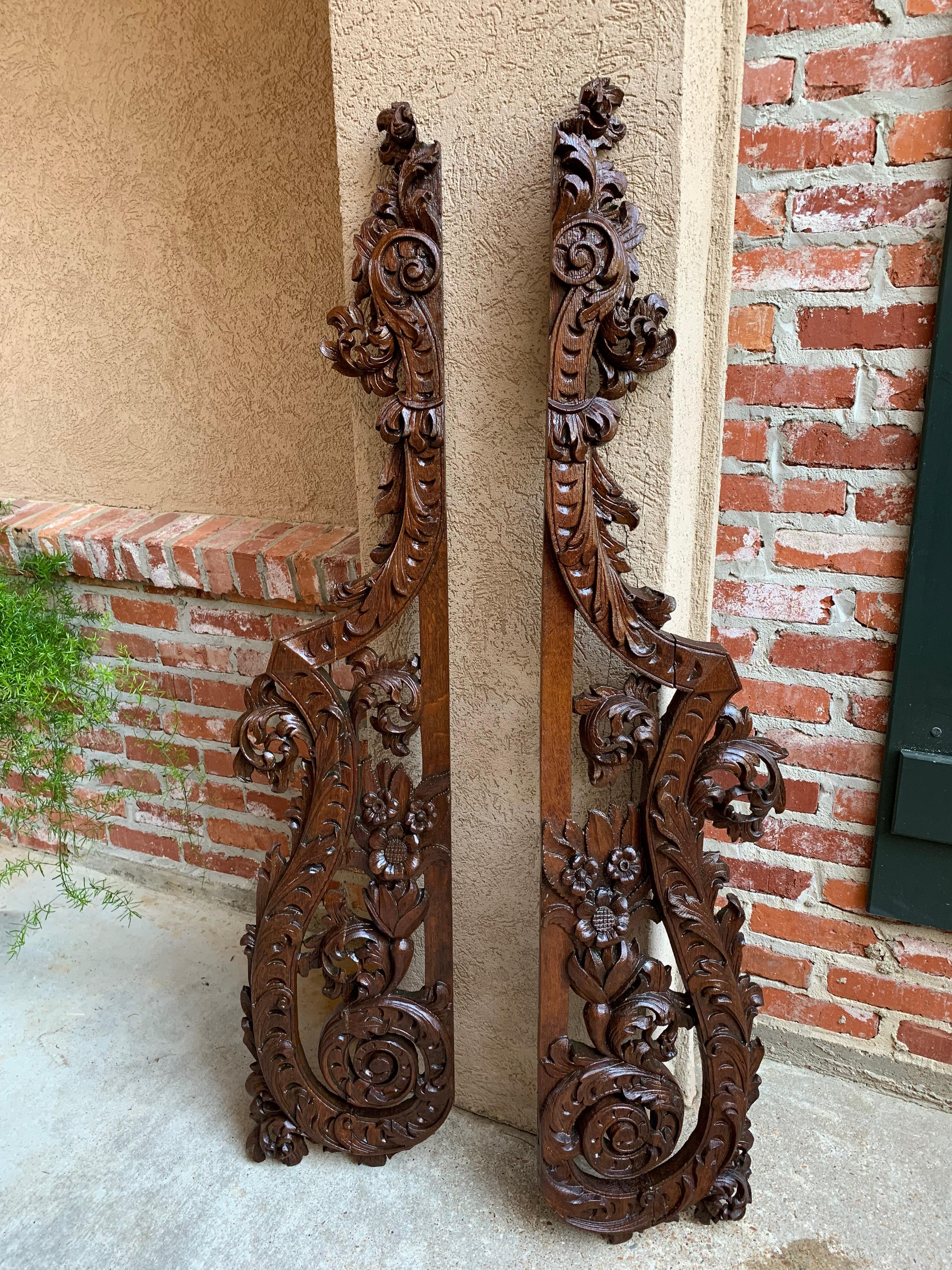 Hand-Carved Pair 2 Antique French Carved Oak Wall Art Panel Corbel Architectural Salvage
