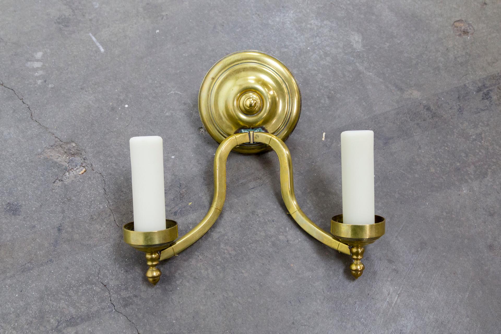 Pair of 2-Arm Brass Hurricane Sconces with Spiral Back Plate For Sale 6