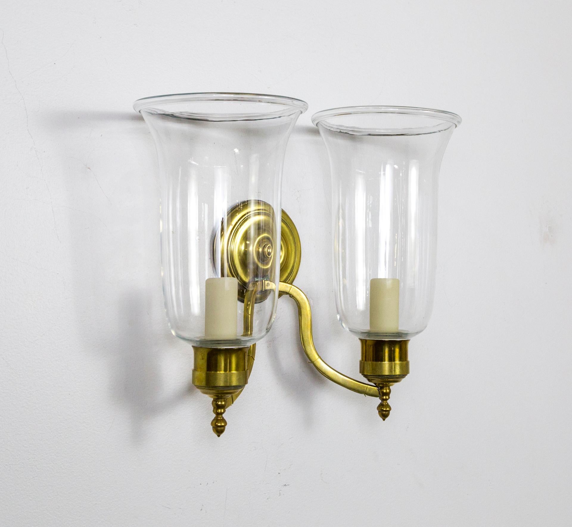 Neoclassical Pair of 2-Arm Brass Hurricane Sconces with Spiral Back Plate For Sale