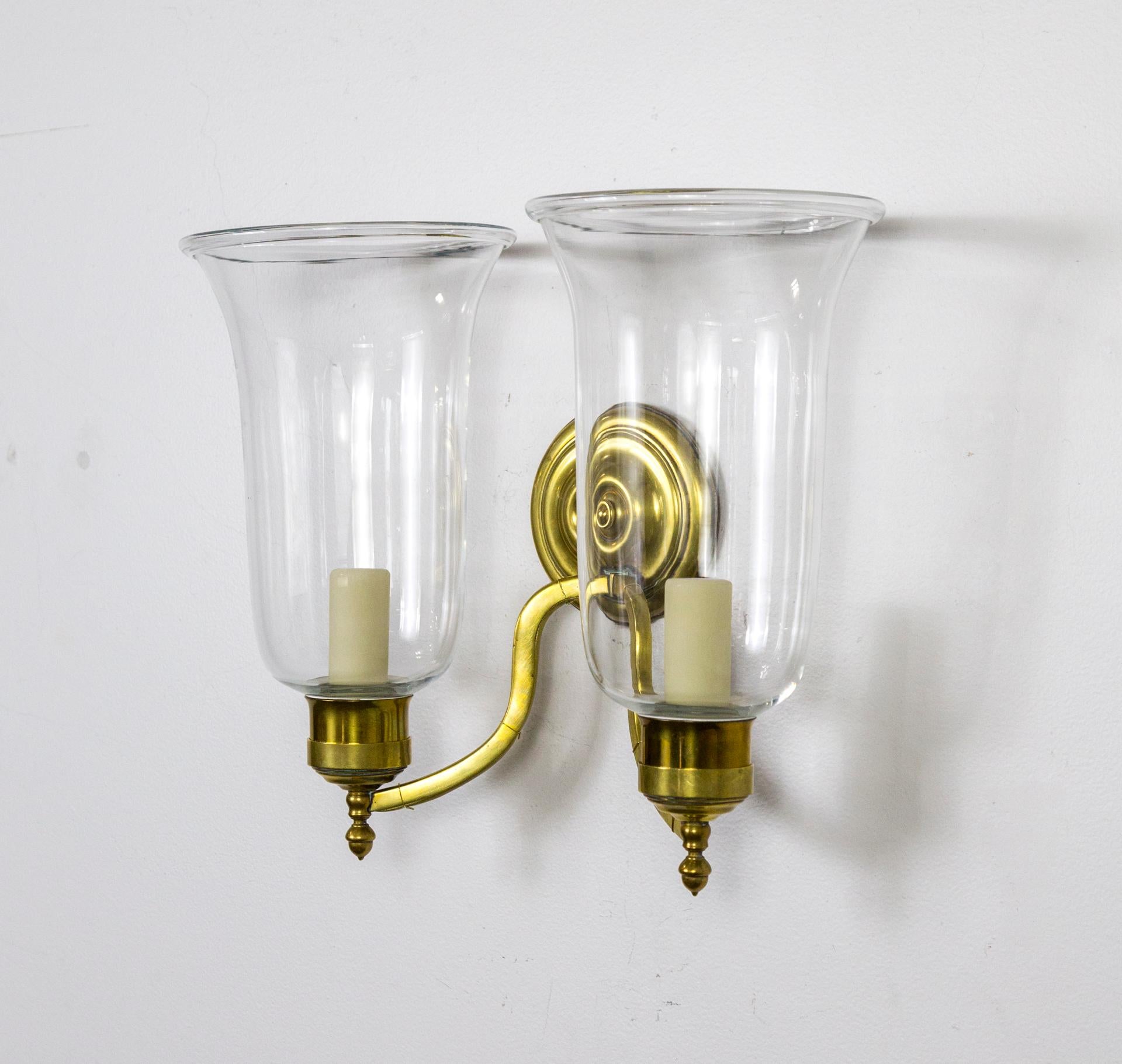 Late 20th Century Pair of 2-Arm Brass Hurricane Sconces with Spiral Back Plate For Sale