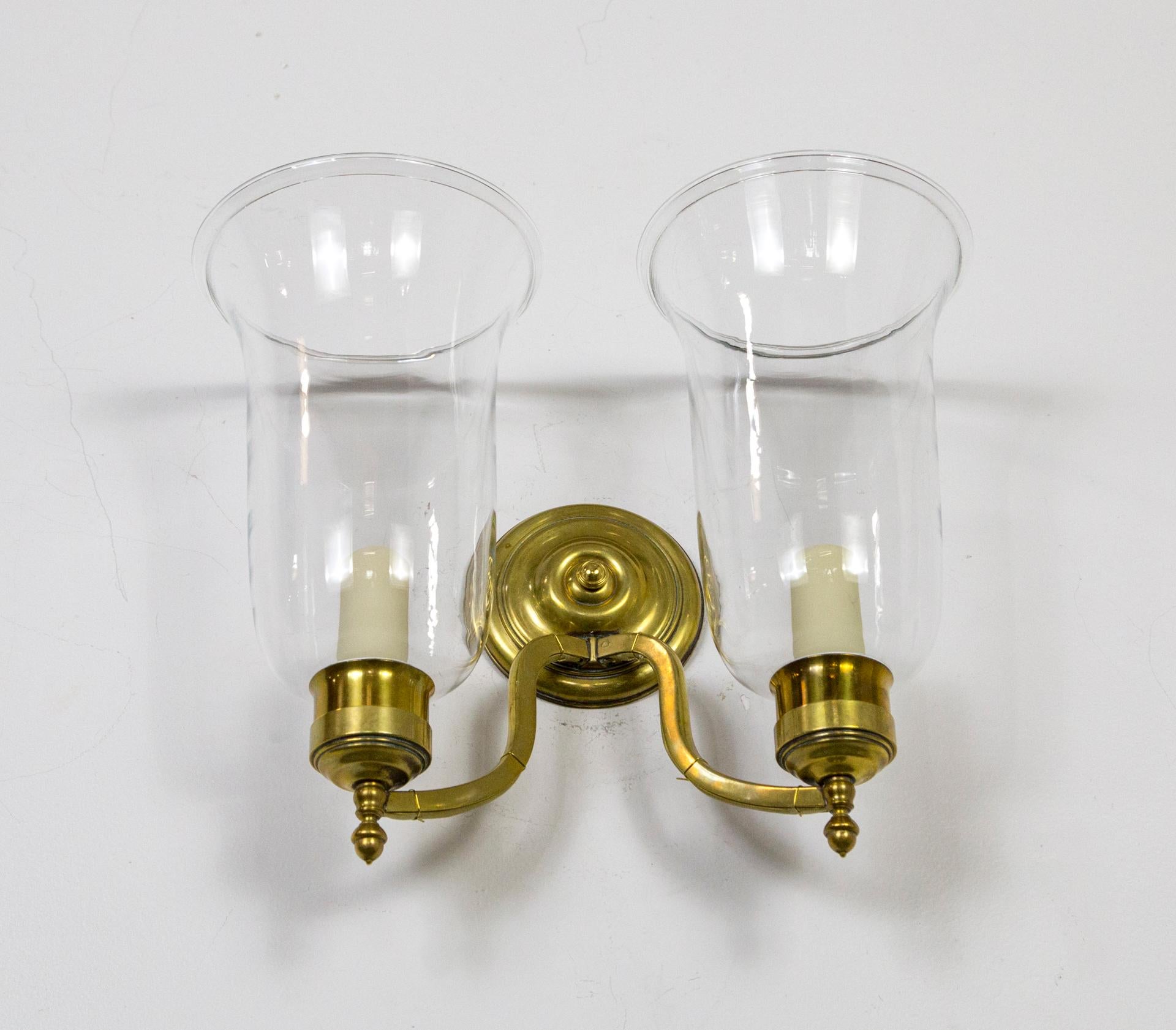 Pair of 2-Arm Brass Hurricane Sconces with Spiral Back Plate For Sale 1