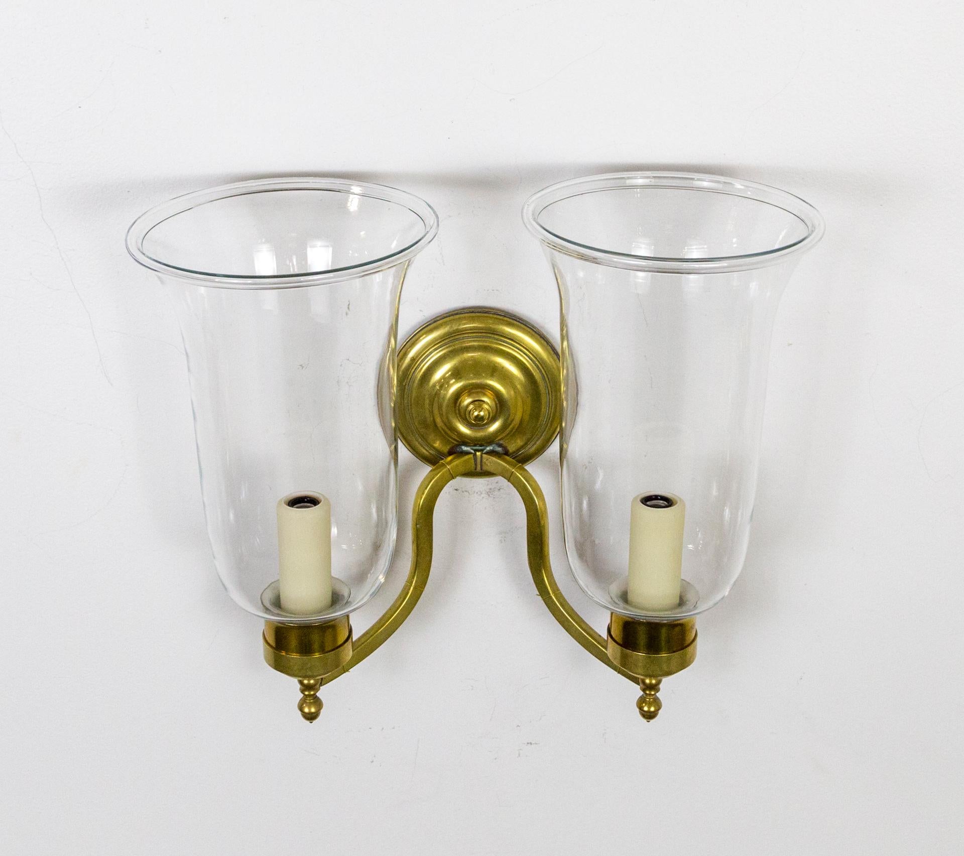 Pair of 2-Arm Brass Hurricane Sconces with Spiral Back Plate For Sale 2