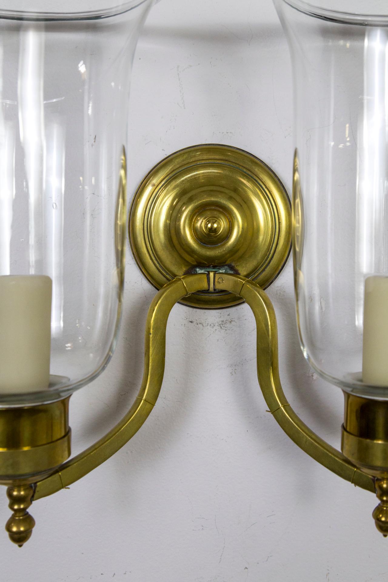 Pair of 2-Arm Brass Hurricane Sconces with Spiral Back Plate For Sale 3