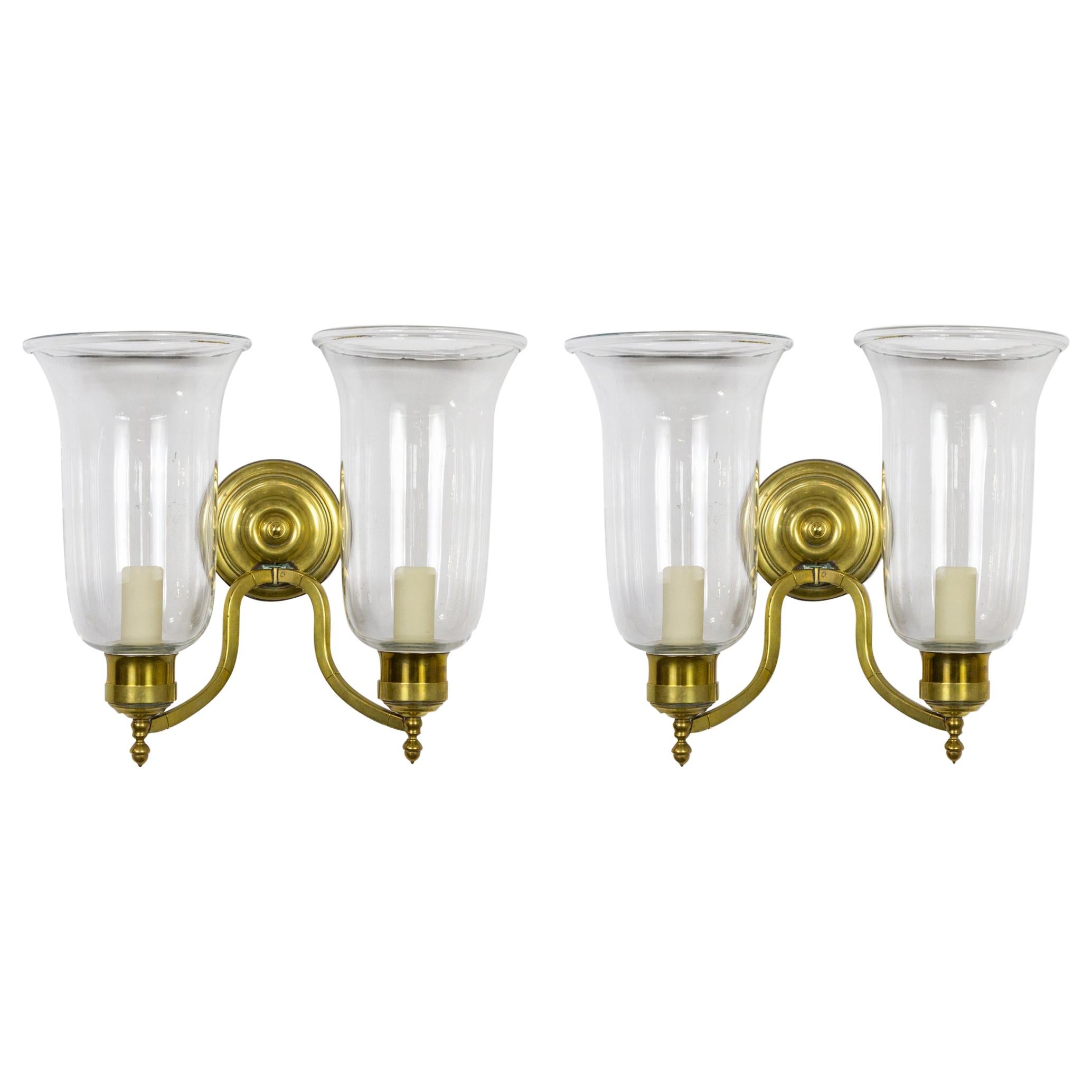 Pair of 2-Arm Brass Hurricane Sconces with Spiral Back Plate For Sale