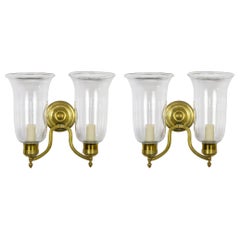 Pair of 2-Arm Brass Hurricane Sconces with Spiral Back Plate