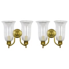 Pair of 2-Arm Brass Hurricane Sconces with Spiral Back Plate