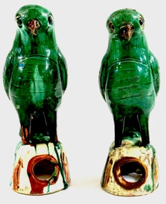 Pair #2 Chinese Export Porcelain Green Sancai Glazed Parrots