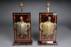 Pair (2) designer vintage tortoise table lamps, brass, tortoiseshell pattern