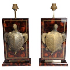 Pair (2) designer vintage tortoise table lamps, brass, tortoiseshell pattern