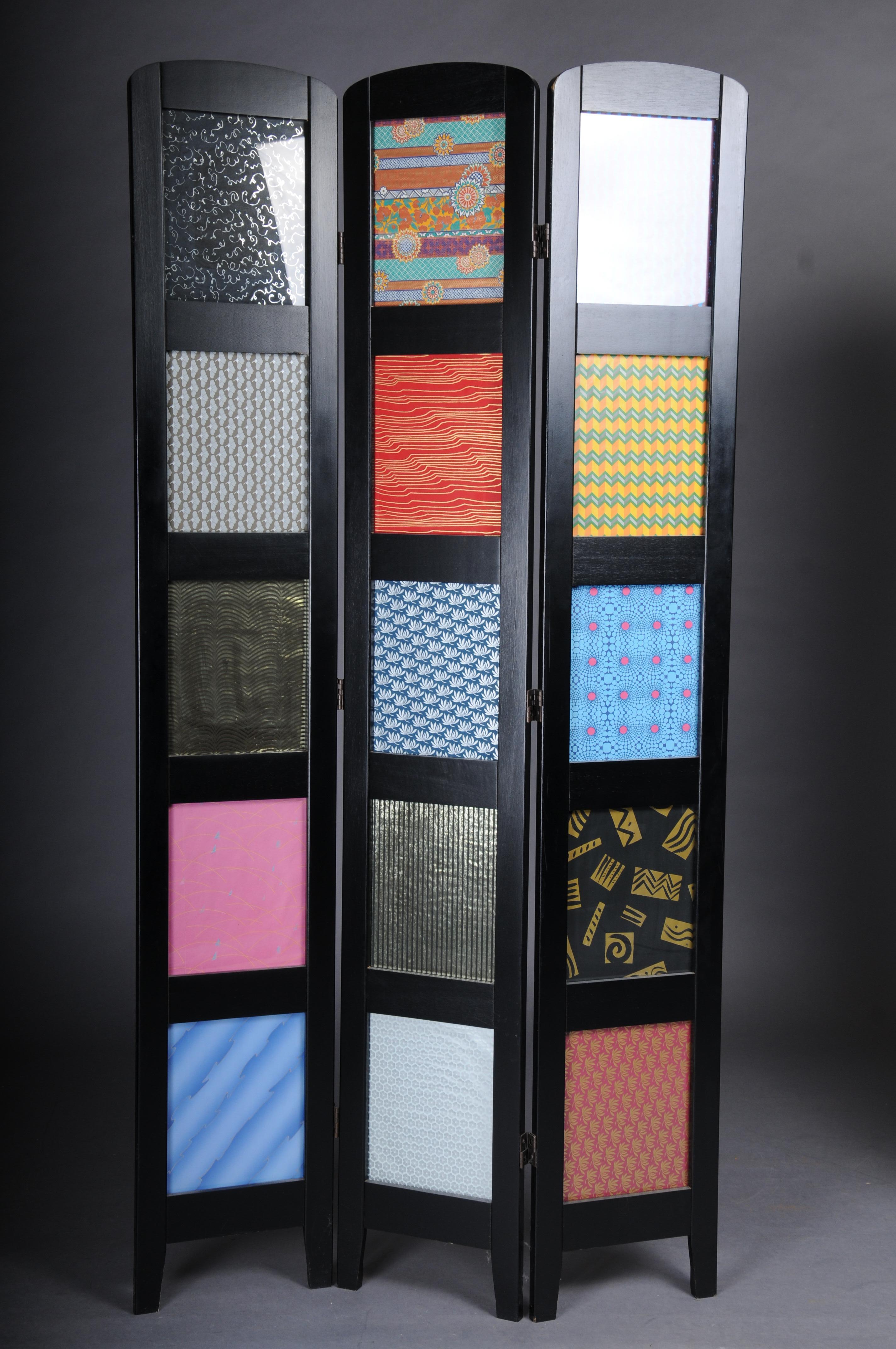 Ebonized Pair (2) Exceptional multi-colored ebonized room divider/screen. For Sale