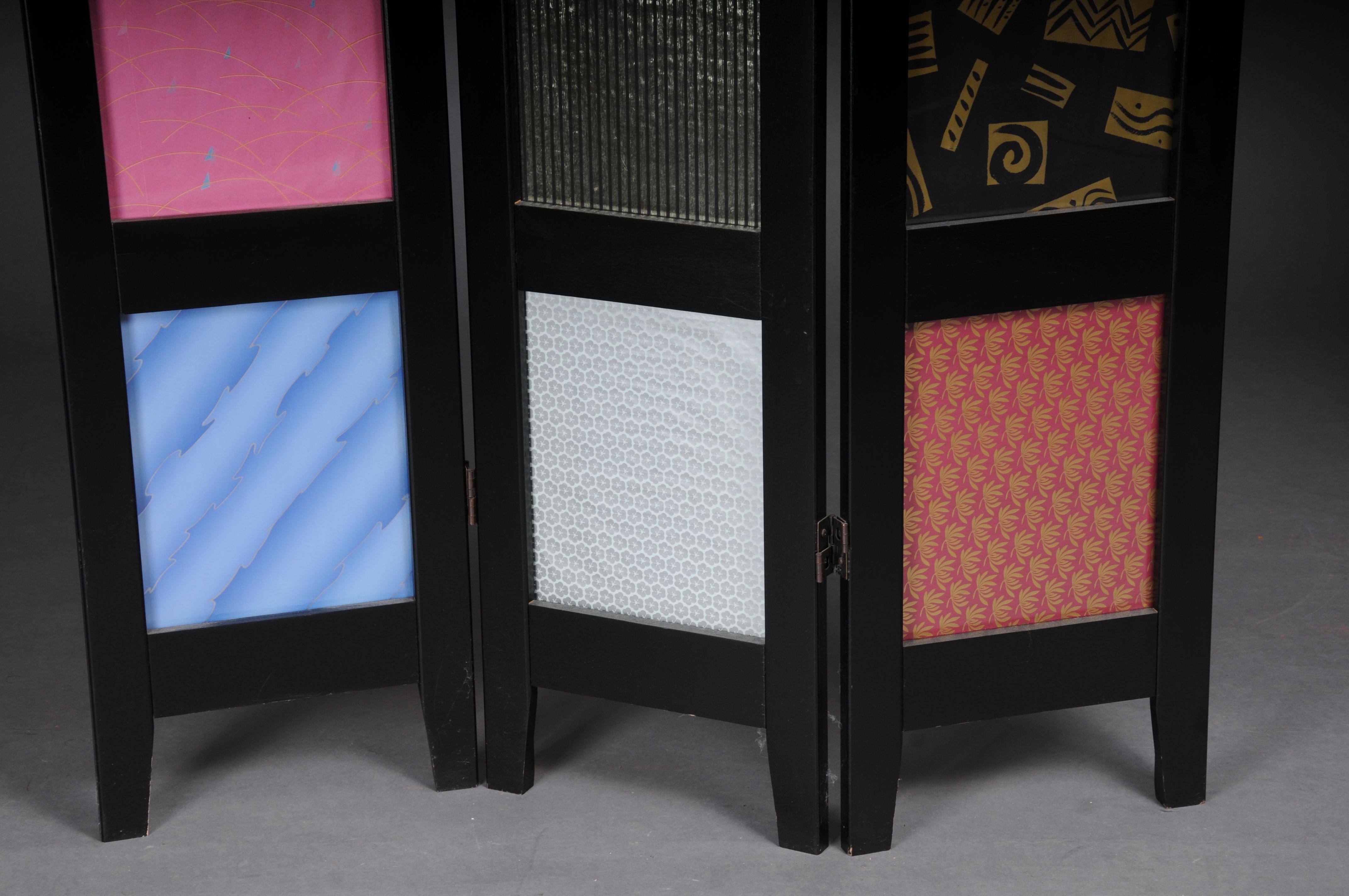 Contemporary Pair (2) Exceptional multi-colored ebonized room divider/screen. For Sale