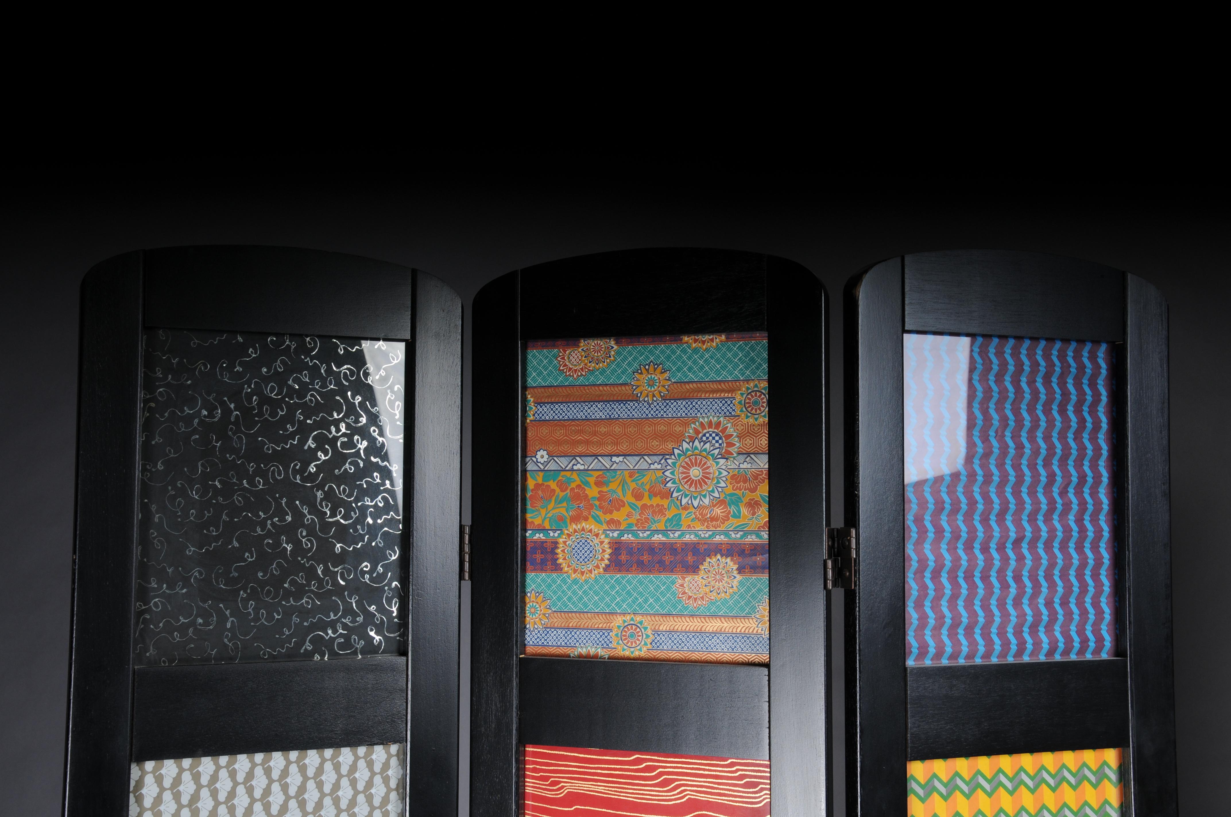 Glass Pair (2) Exceptional multi-colored ebonized room divider/screen. For Sale