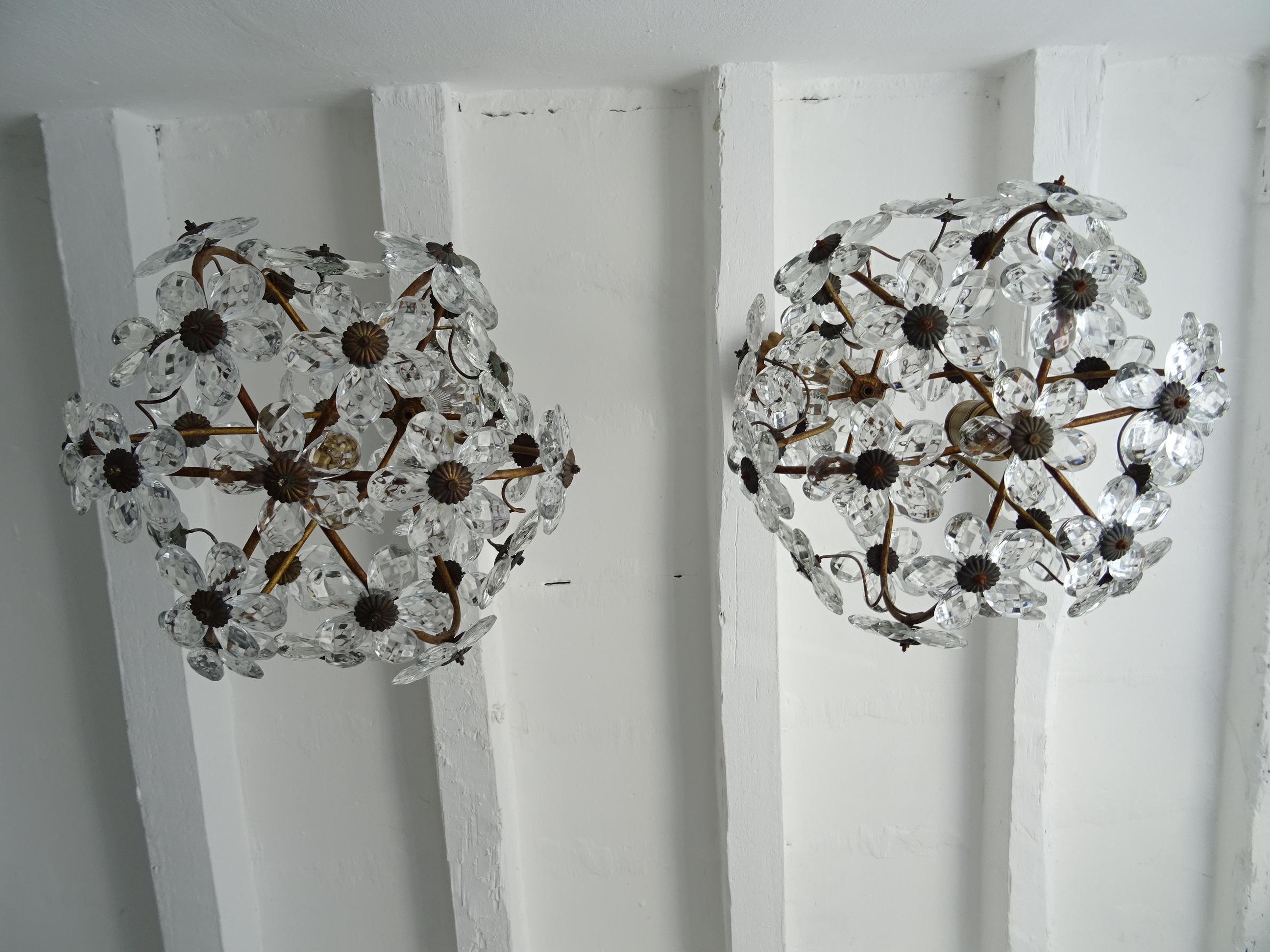 This pair of rare shaped prism flower chandeliers will be newly rewired with certified US UL socket for the USA and appropriate socket for all other countries and ready to hang. Many clear crystal prisms, made into flowers, all intact. Murano glass