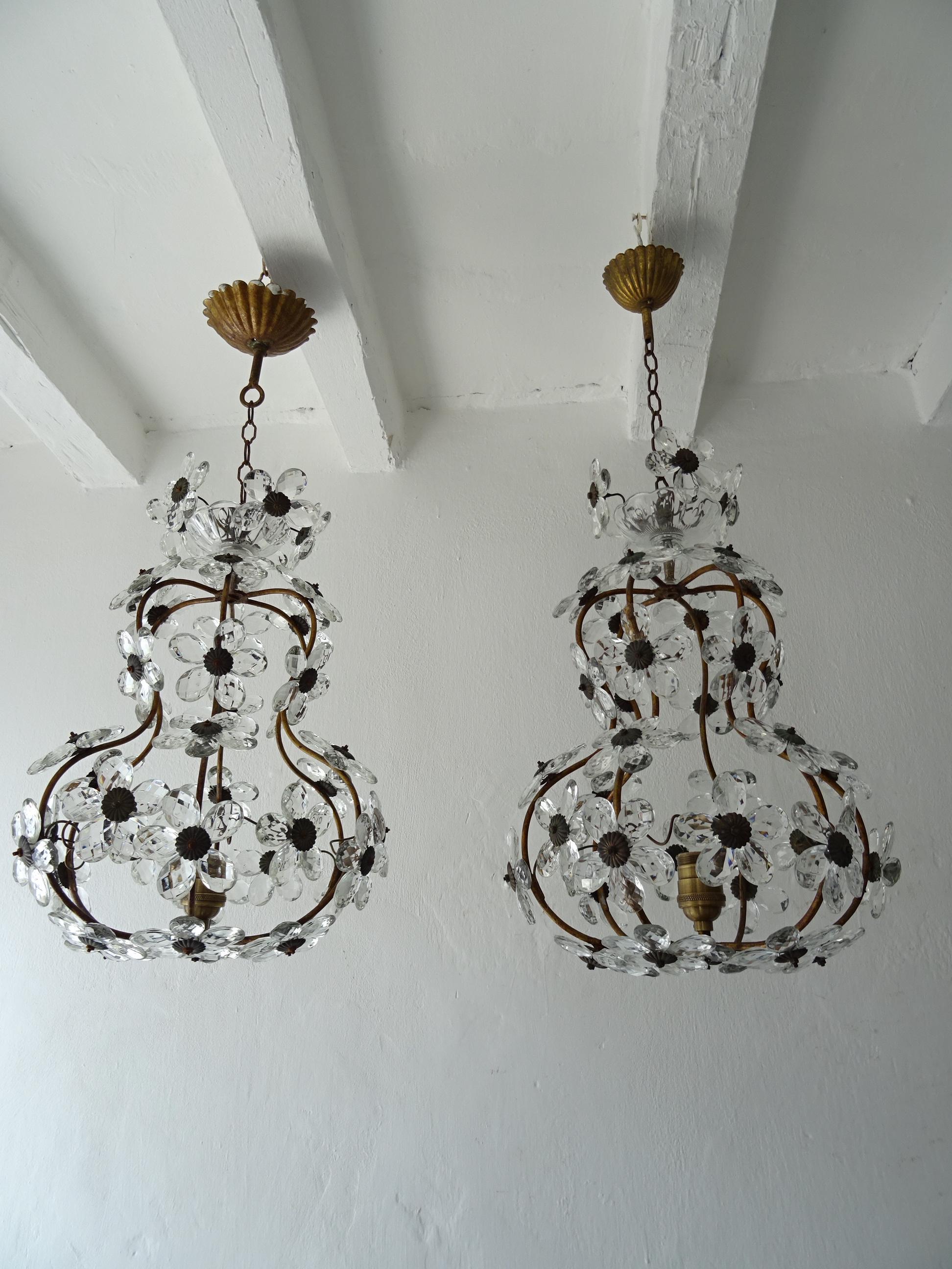 Pair (2) French Clear Flower Crystal Prisms Maison Baguès Style Chandeliers For Sale 5