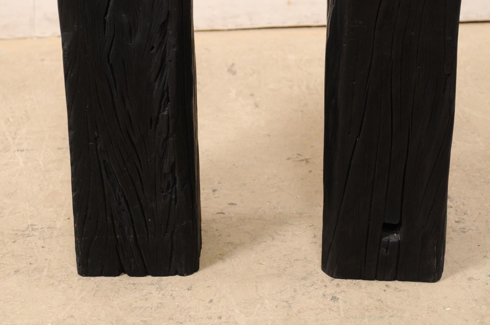 Pair of Tall Carbonized Wood Square Shaped Pedestals, Rich Black Color 2