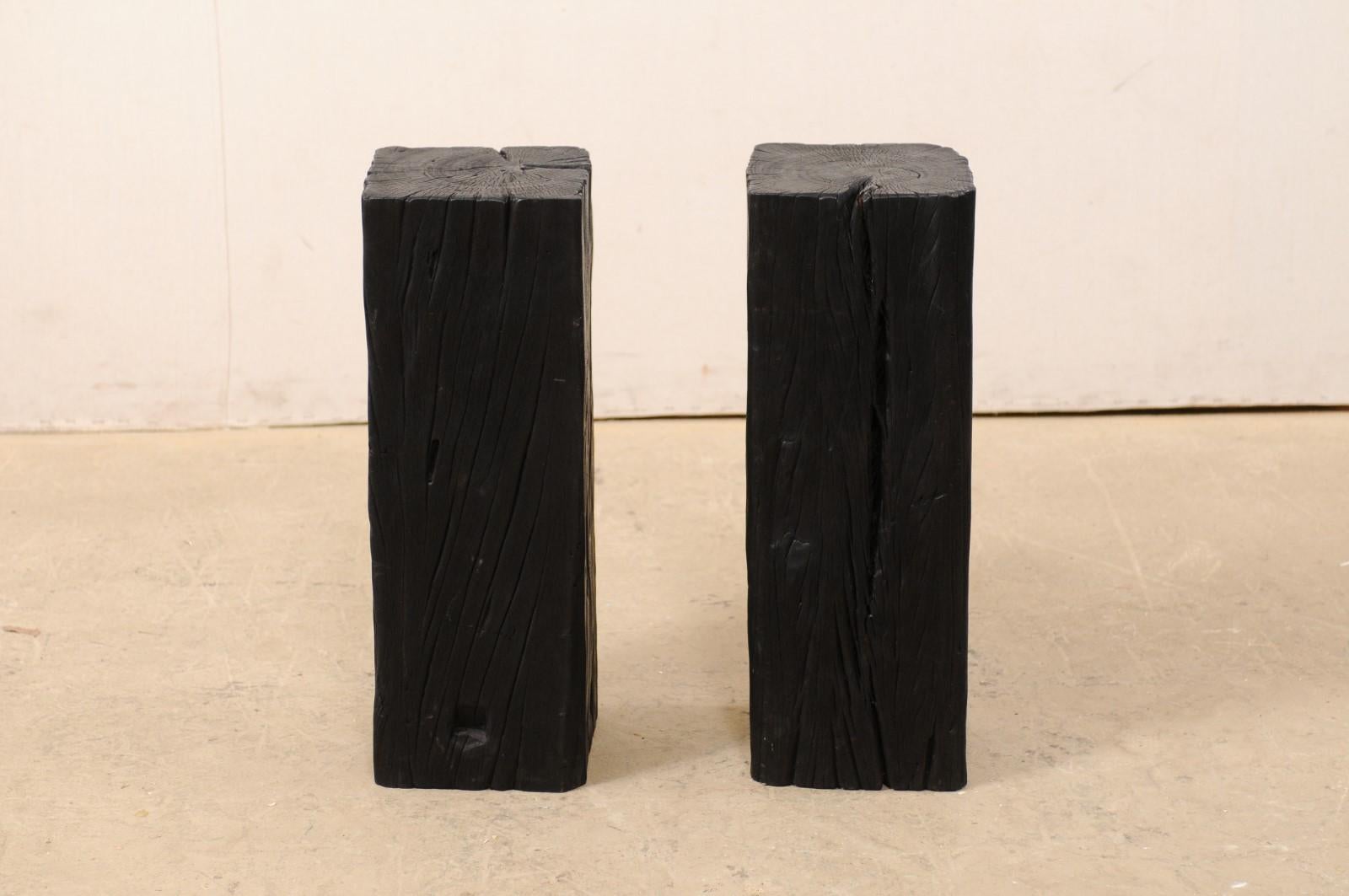 Pair of Tall Carbonized Wood Square Shaped Pedestals, Rich Black Color 3
