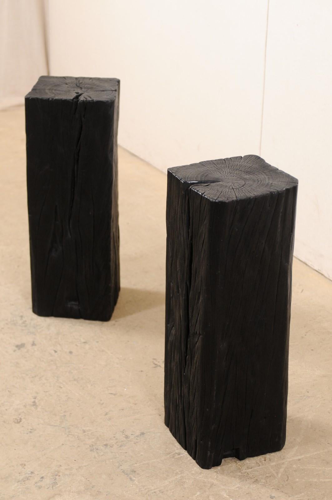 Indonesian Pair of Tall Carbonized Wood Square Shaped Pedestals, Rich Black Color