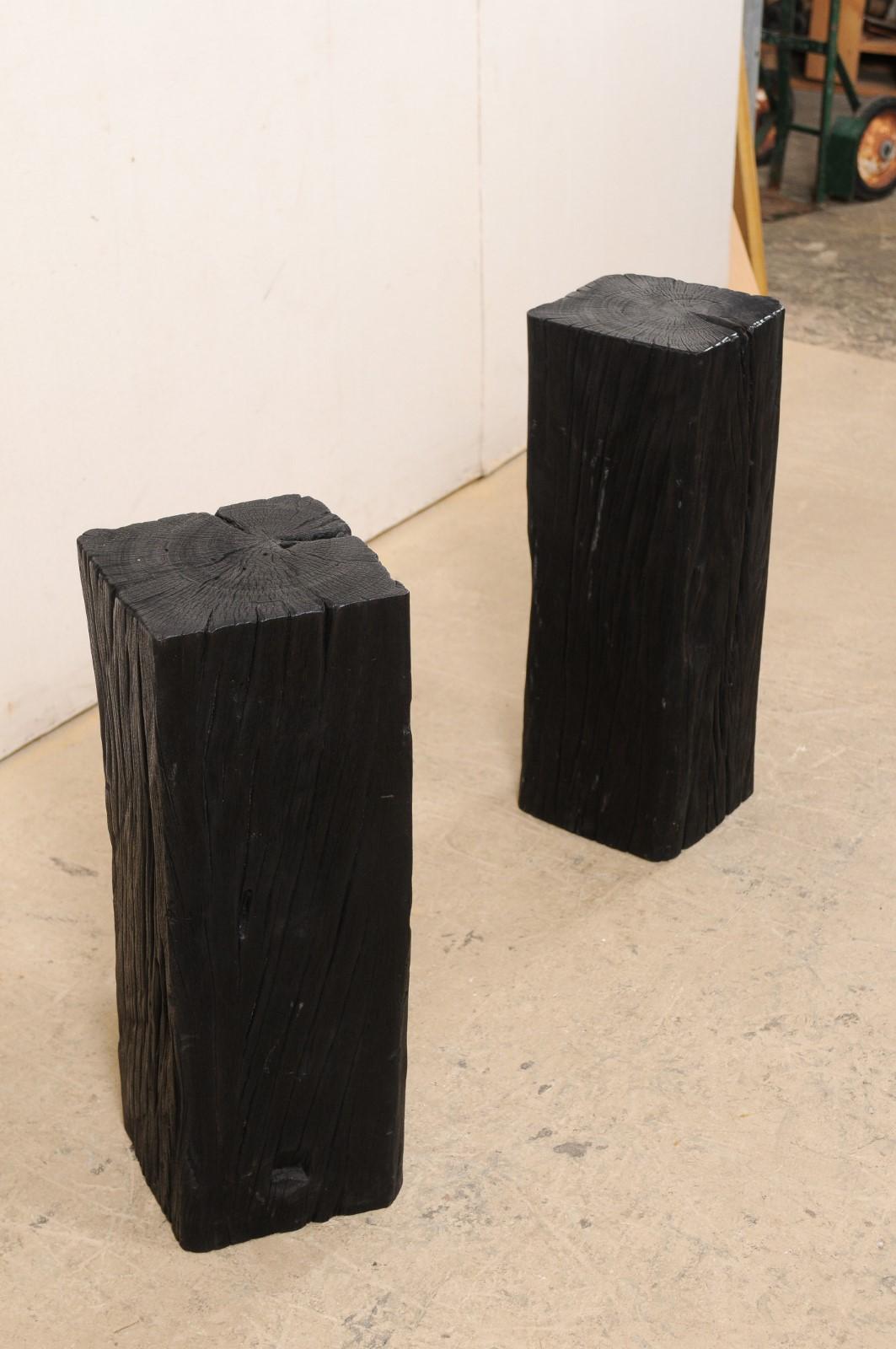 20th Century Pair of Tall Carbonized Wood Square Shaped Pedestals, Rich Black Color