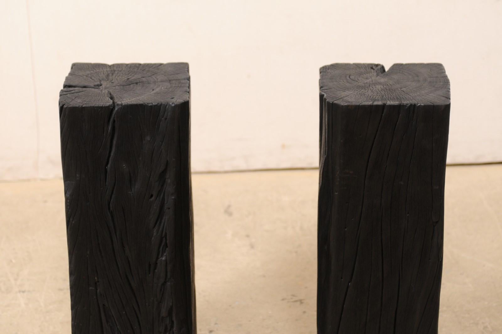 Pair of Tall Carbonized Wood Square Shaped Pedestals, Rich Black Color 1