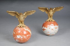 Pair (2) Imperial Large Eagle Brass Figures on Marble Spheres