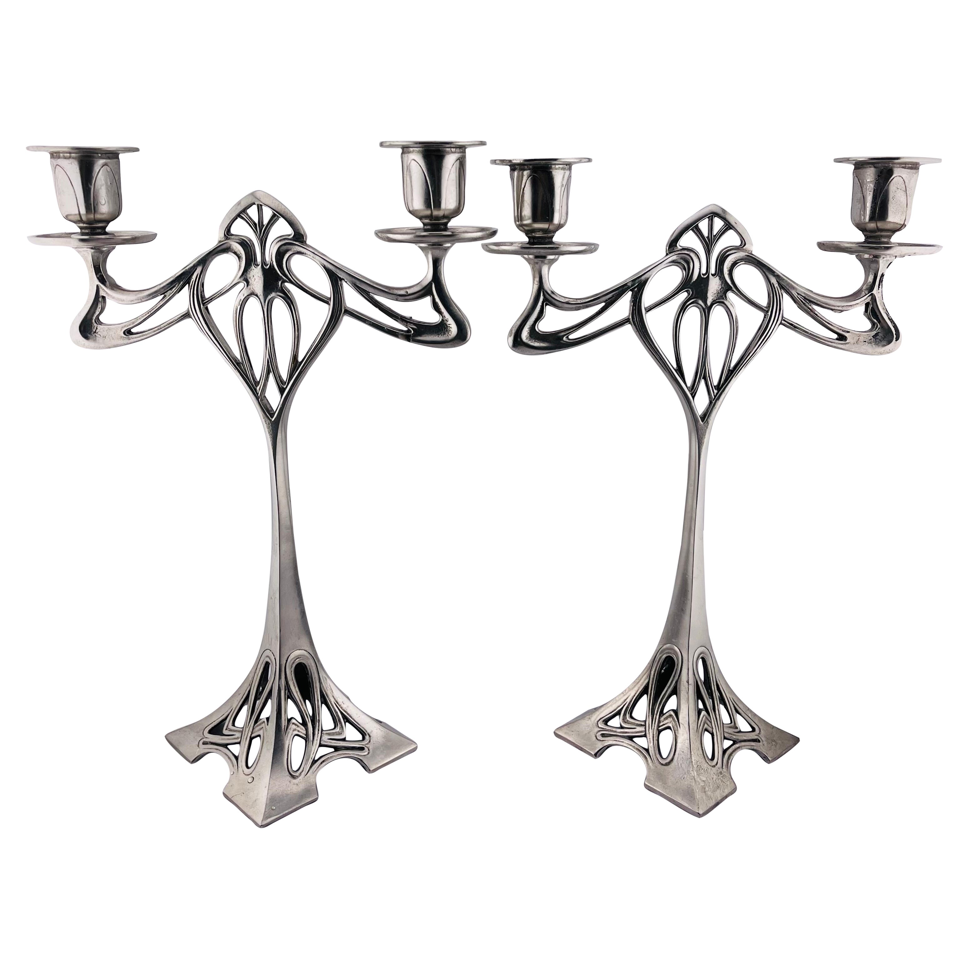 Pair (2) Impressive Art Nouveau candlesticks pewter, silver-plated