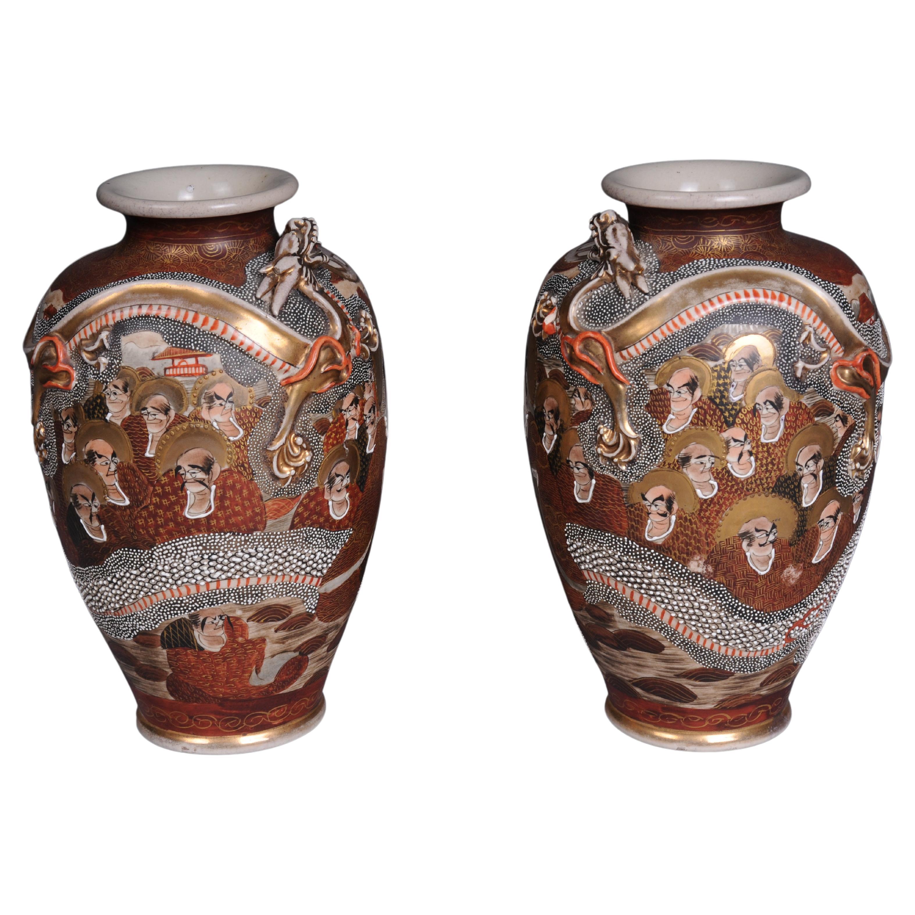 Pair (2 Japanese Satsuma Vase, CHOSHUZAN, Japanese Satsuma Pottery, Meiji period