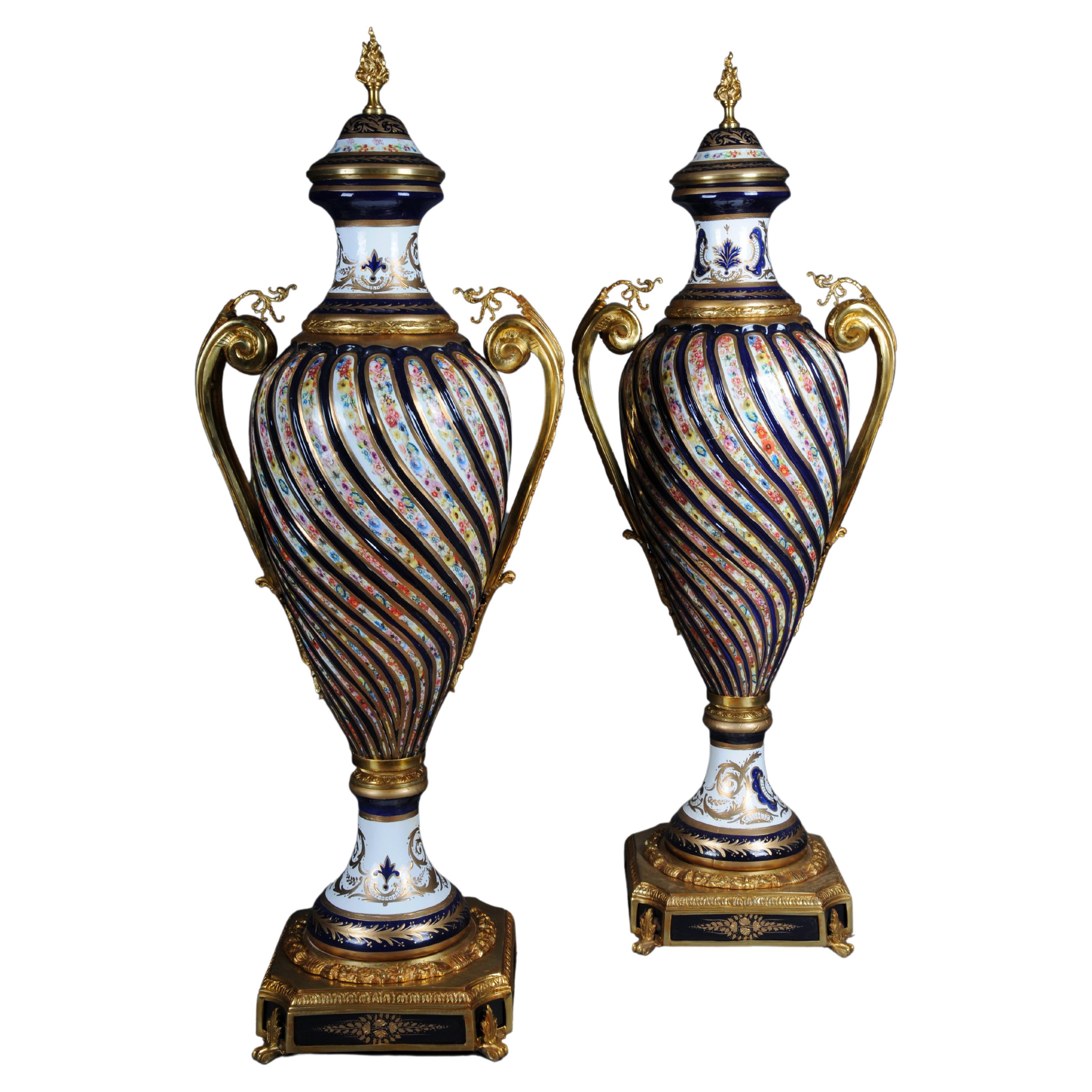 Pair (2) Magnificent French Sevrés floor vases with gilt bronze. For Sale