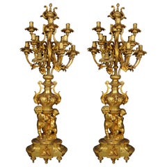 Pair (2) monumental royal candlesticks, gilded bronze, Louis XVI