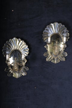 Pair (2) of antique brass shell-shaped wall sconces/blakers, 20th century