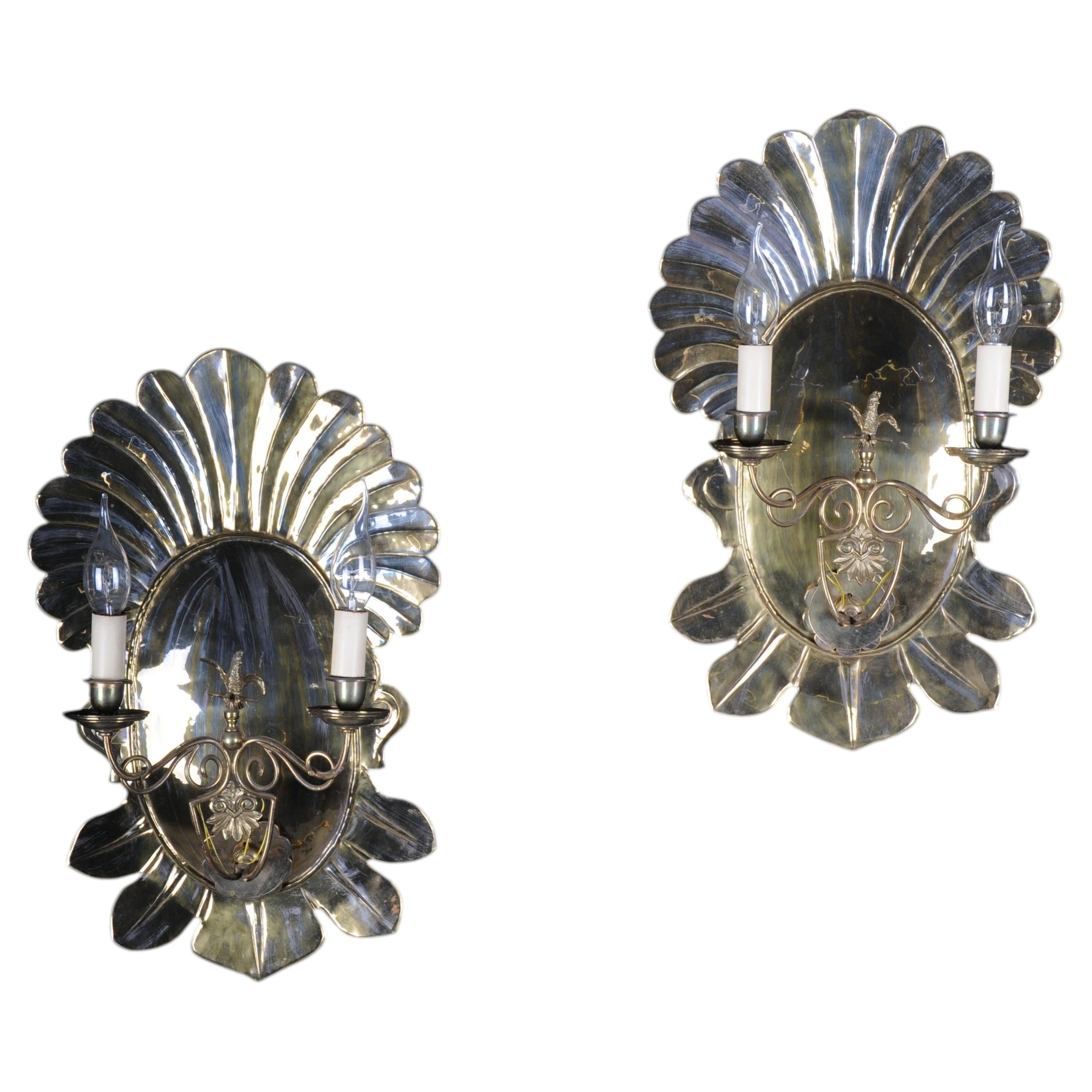 Pair (2) of antique brass shell-shaped wall sconces/blakers, 20th century