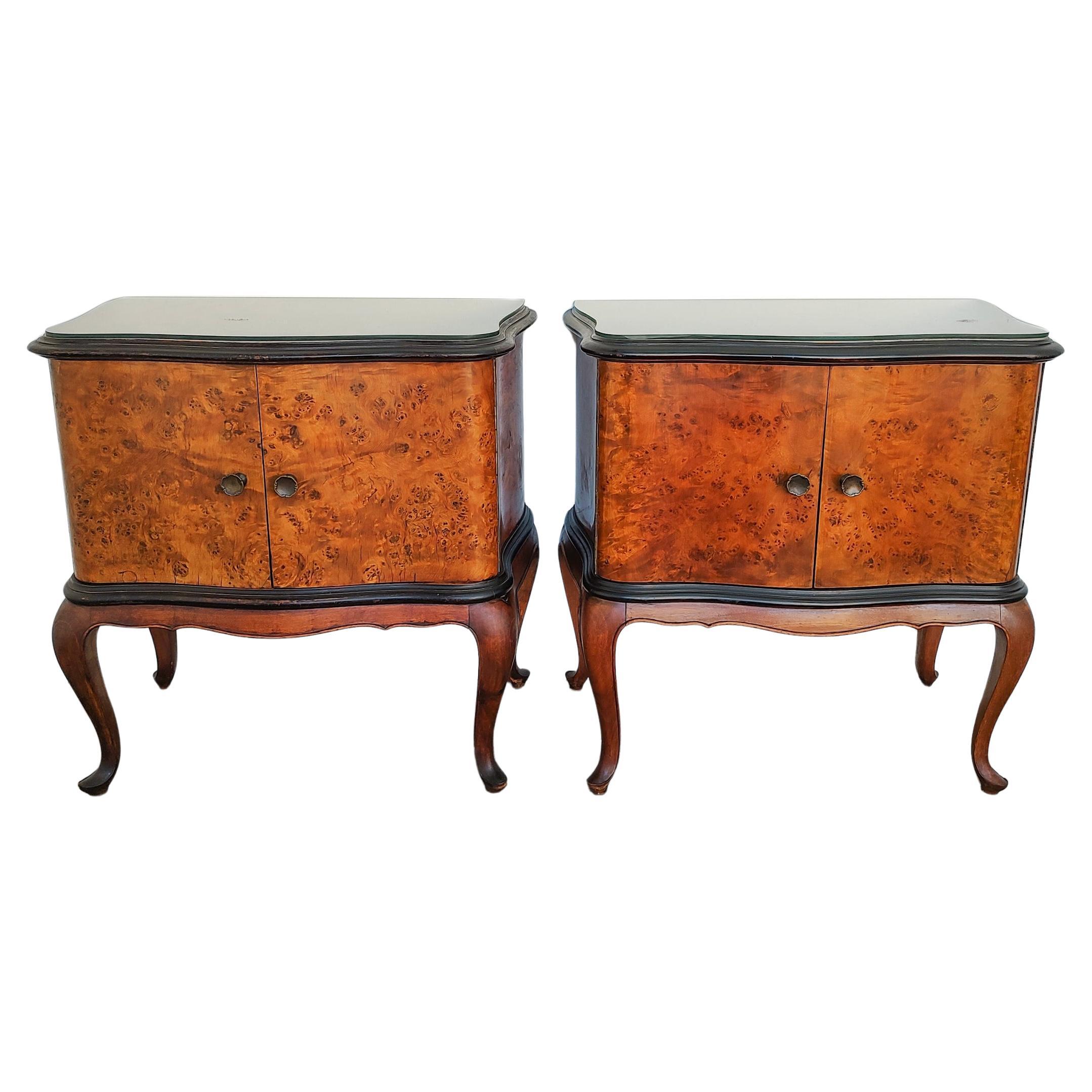 Pair (2) of Early 20th Century Queen Anne Style Burl Cabinet Nightstands For Sale