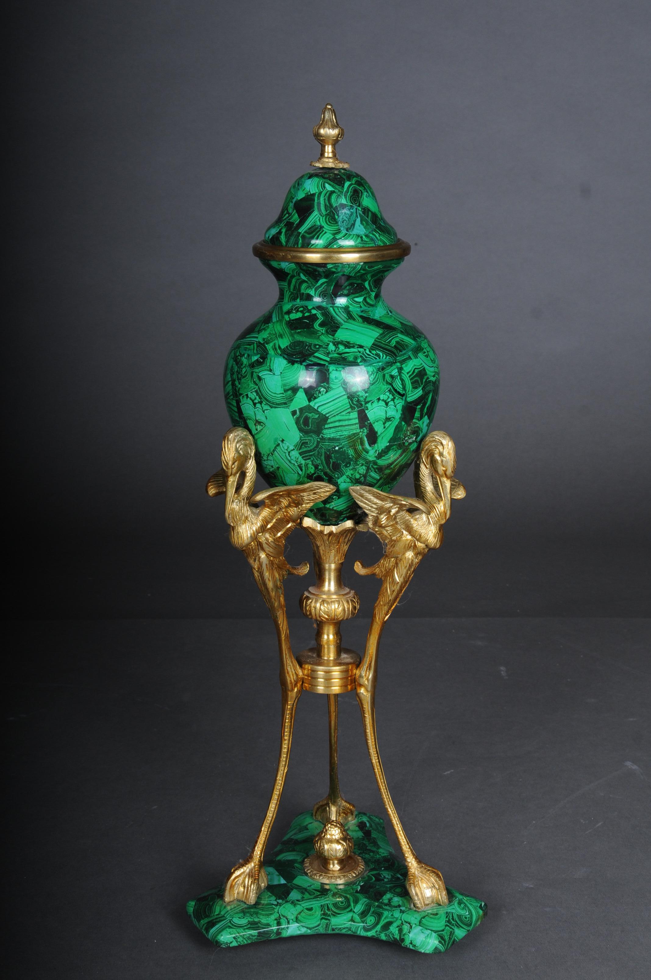 French Pair '2' of Impressive Table Vases with Malachite and Brass For Sale