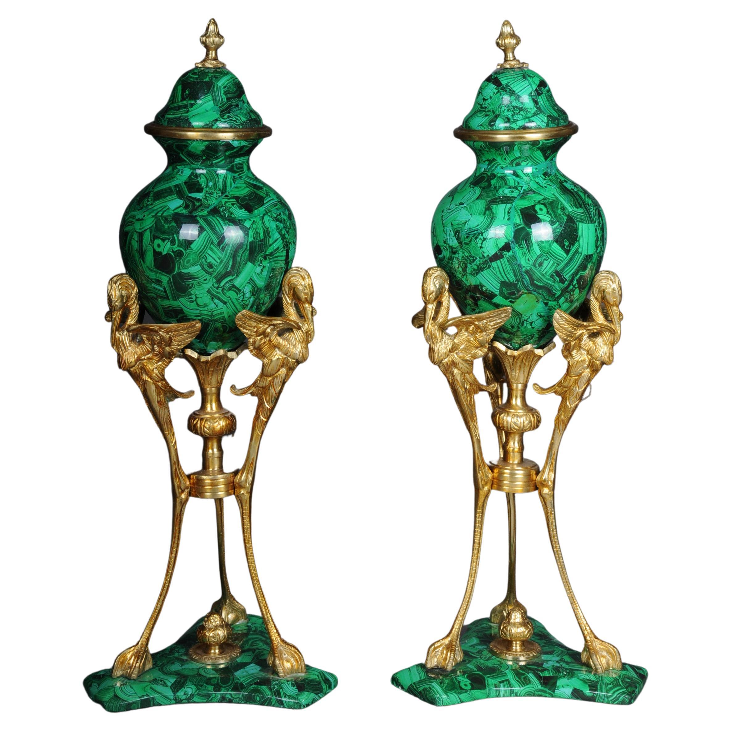 Pair '2' of Impressive Table Vases with Malachite and Brass For Sale