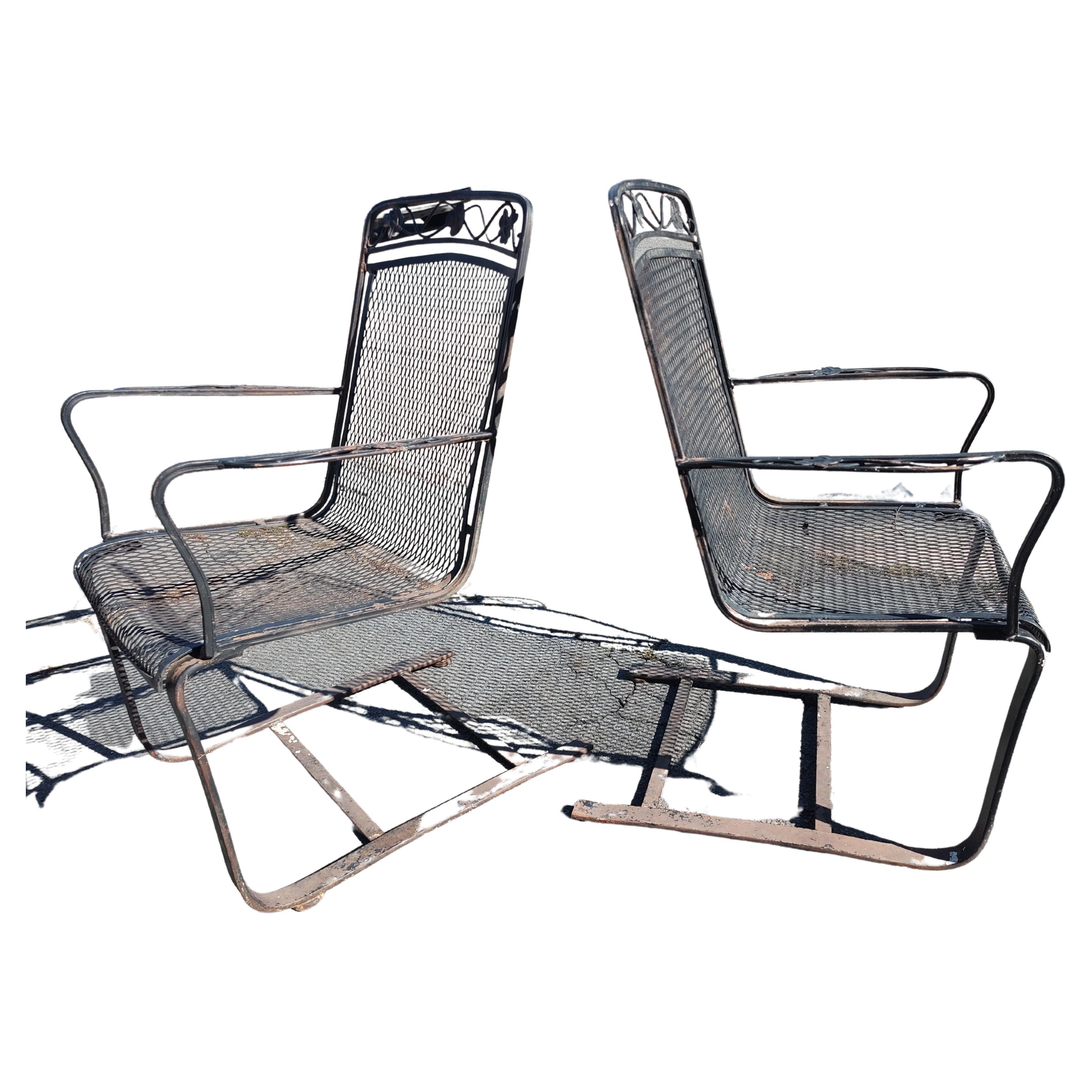 American Pair (2) of Mid Century Modern Spring Lounge Chairs with Iron Mesh Seat & Back For Sale