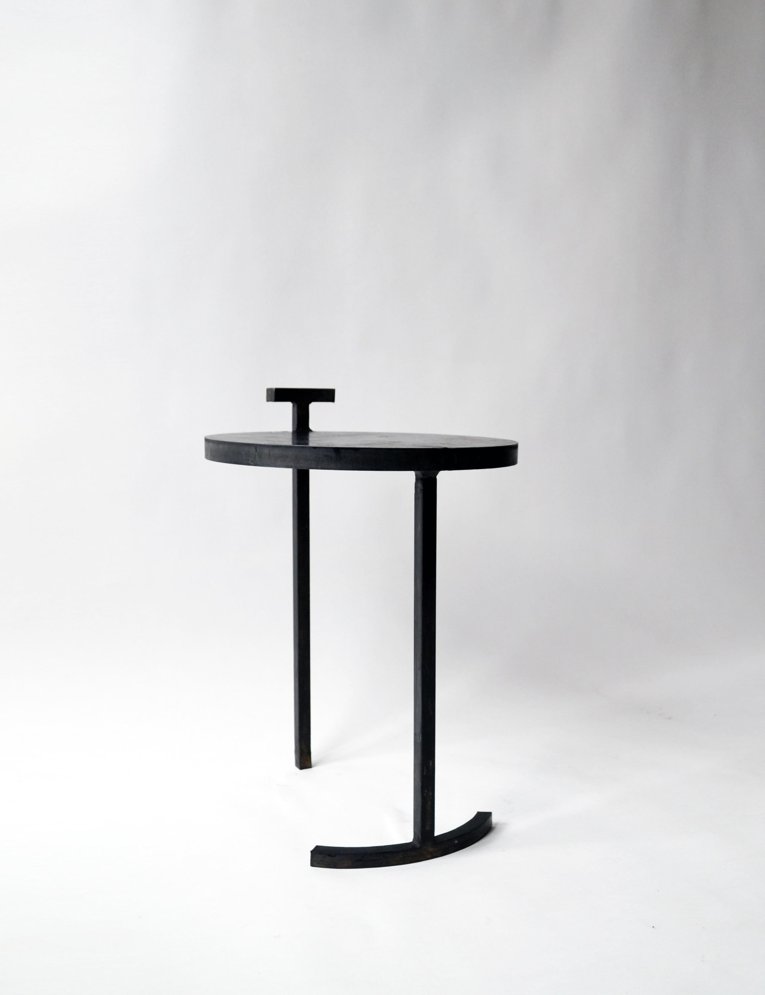 Contemporary Pair of Modern Side Tables Minimalist Handmade in Cast Blackened and Waxed Steel For Sale