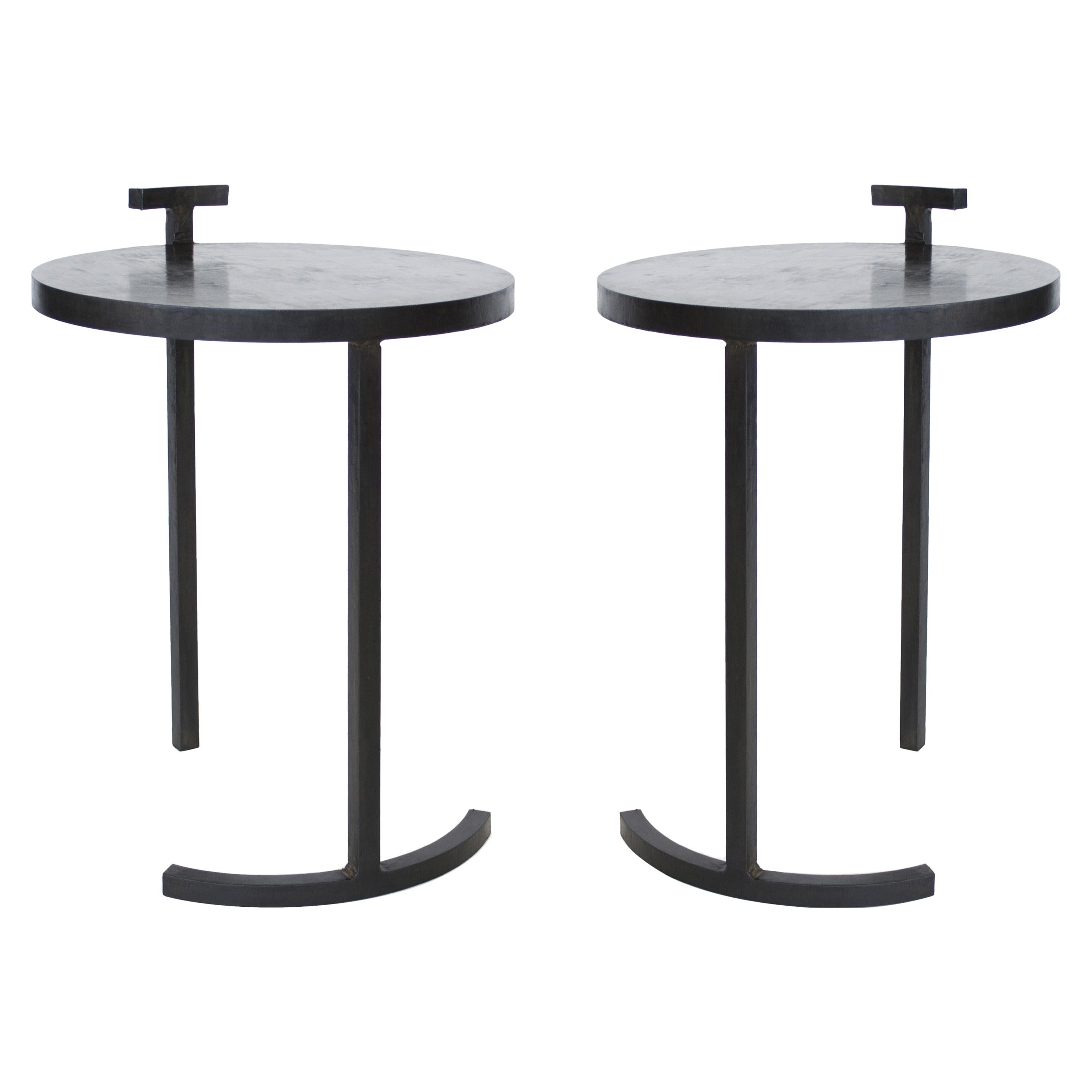 Pair of Modern Side Tables Minimalist Handmade in Cast Blackened and Waxed Steel