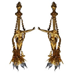 Pareja (2) de Apliques Franceses Únicos, Bronce Dorado, París, Siglo XX