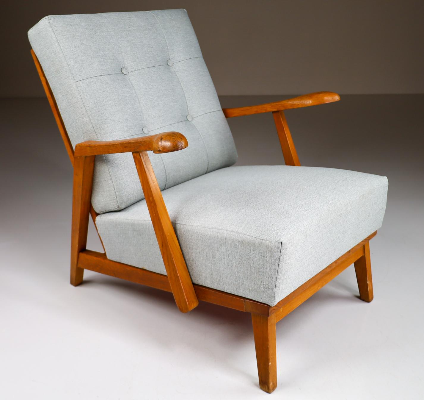 Pair/2 Sculptural Armchairs in Oak and Reupholstered Fabric, France, 1950s 4