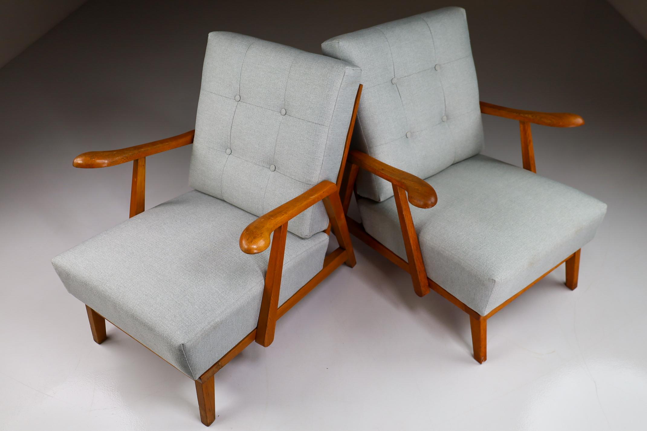 20th Century Pair/2 Sculptural Armchairs in Oak and Reupholstered Fabric, France, 1950s